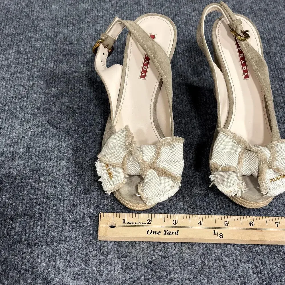 Prada Wedge Sandals Womens 5.5 Beige Espadrille Bow Peep Toe Suede Canvas